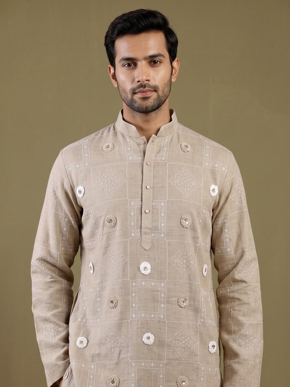 Beige linen kurta suit with floral thread embellishments