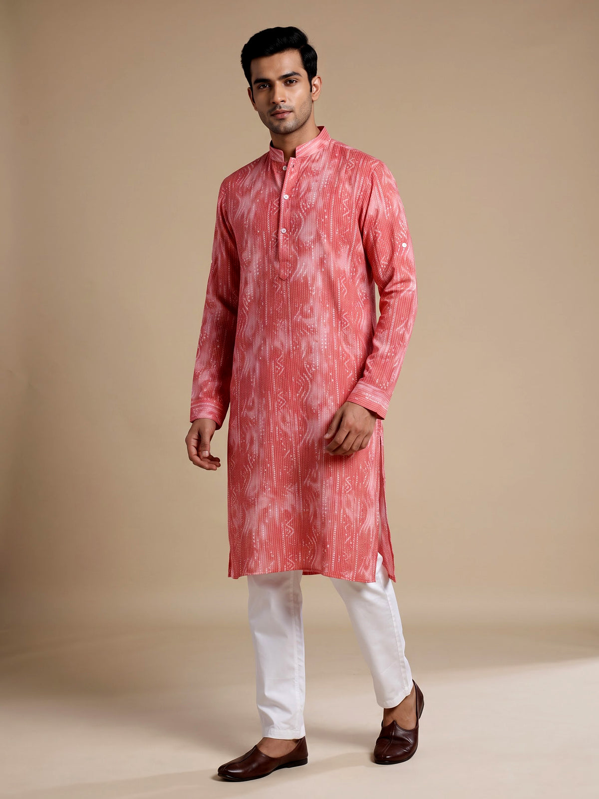 Coral red cotton kurta suit with kantha inspired stitch print