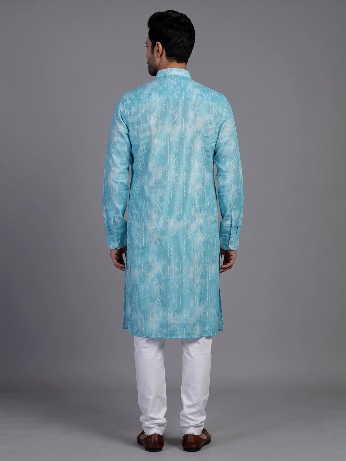 Turquoise blue cotton kurta suit with white kantha effect print