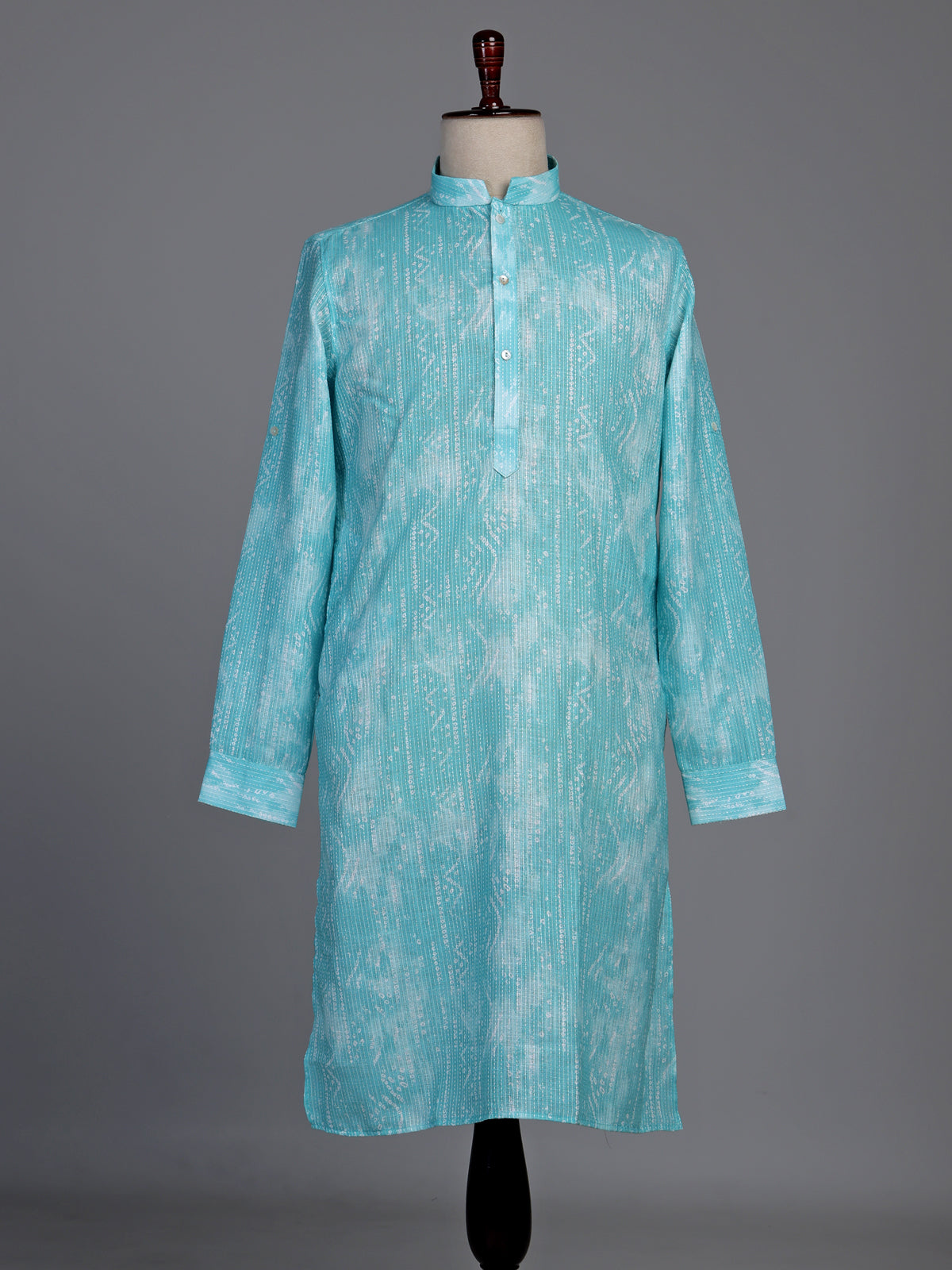 Turquoise blue cotton kurta suit with white kantha effect print