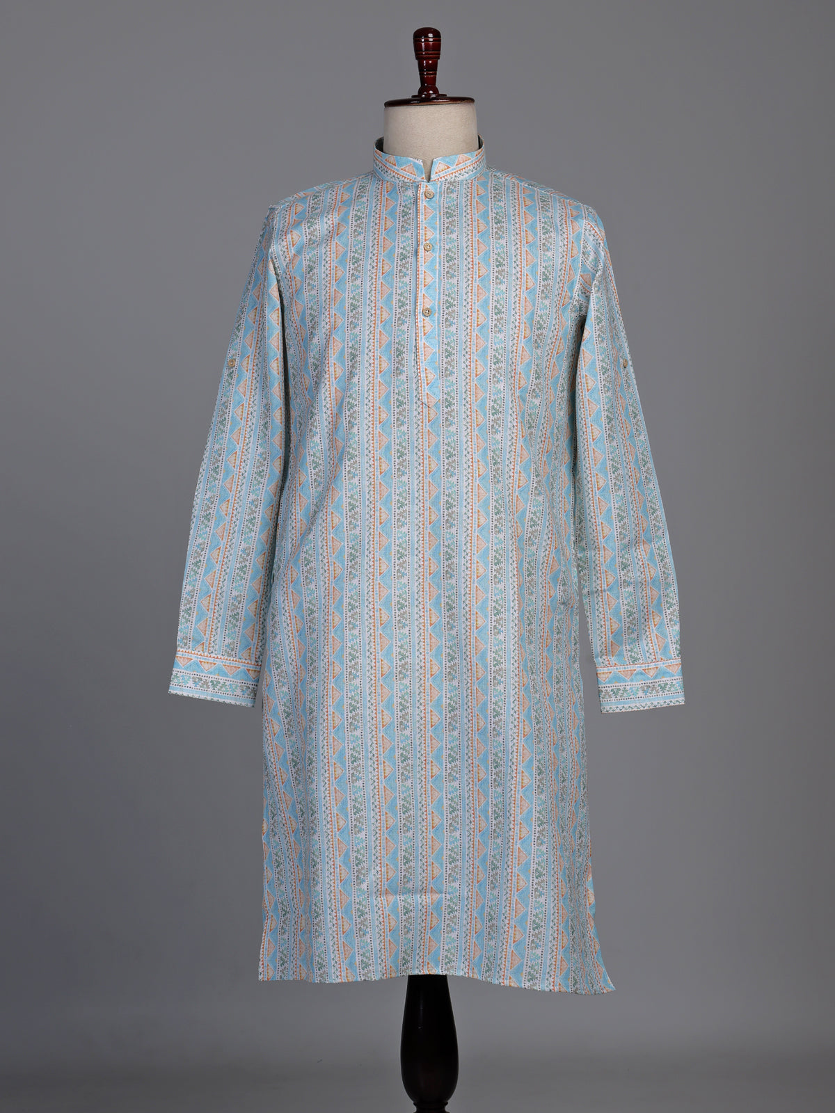 Sky blue cotton kurta suit with geometric floral stripe print