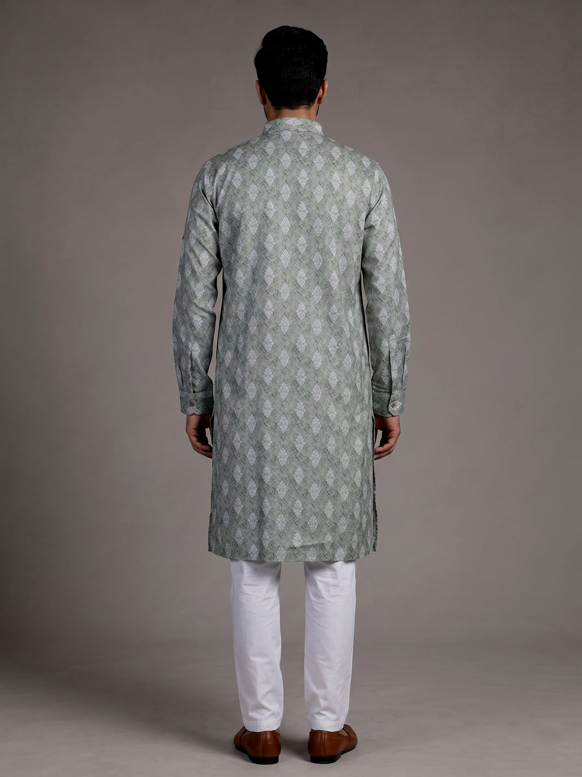 Sage green cotton kurta suit with ethnic print