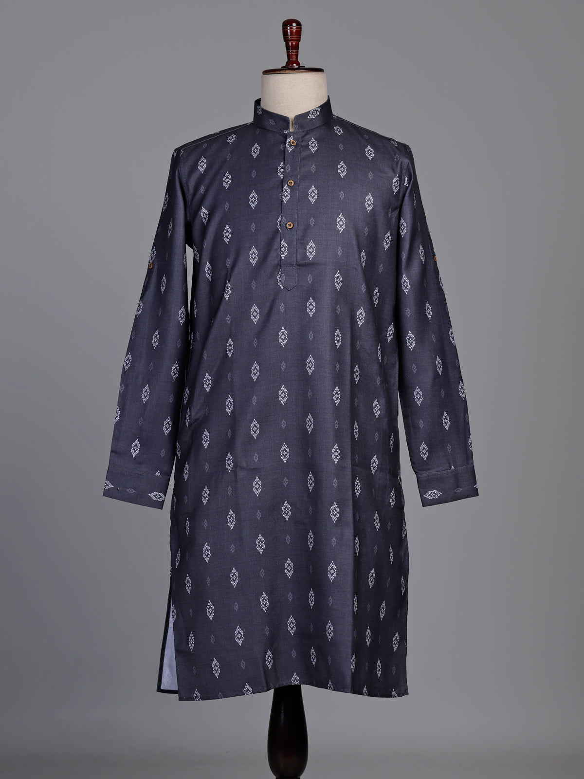 Charcoal grey cotton kurta suit with white ikat print