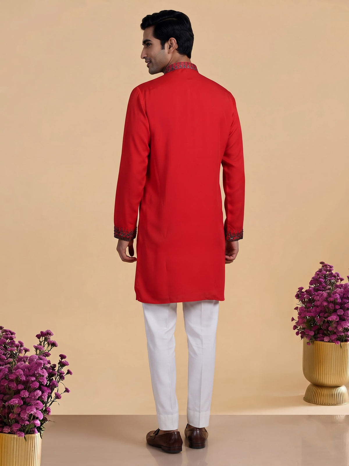 Scarlet red crepe silk kurta suit with antique silver embellished bib