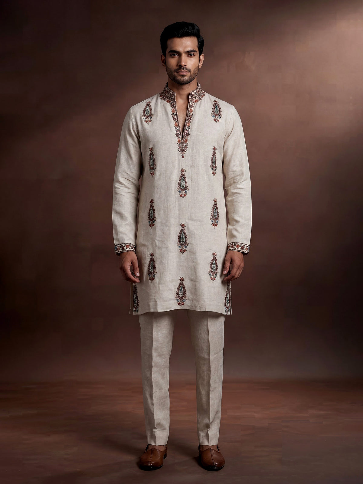 Off white linen kurta suit with multicolour kashmiri paisley embroidery