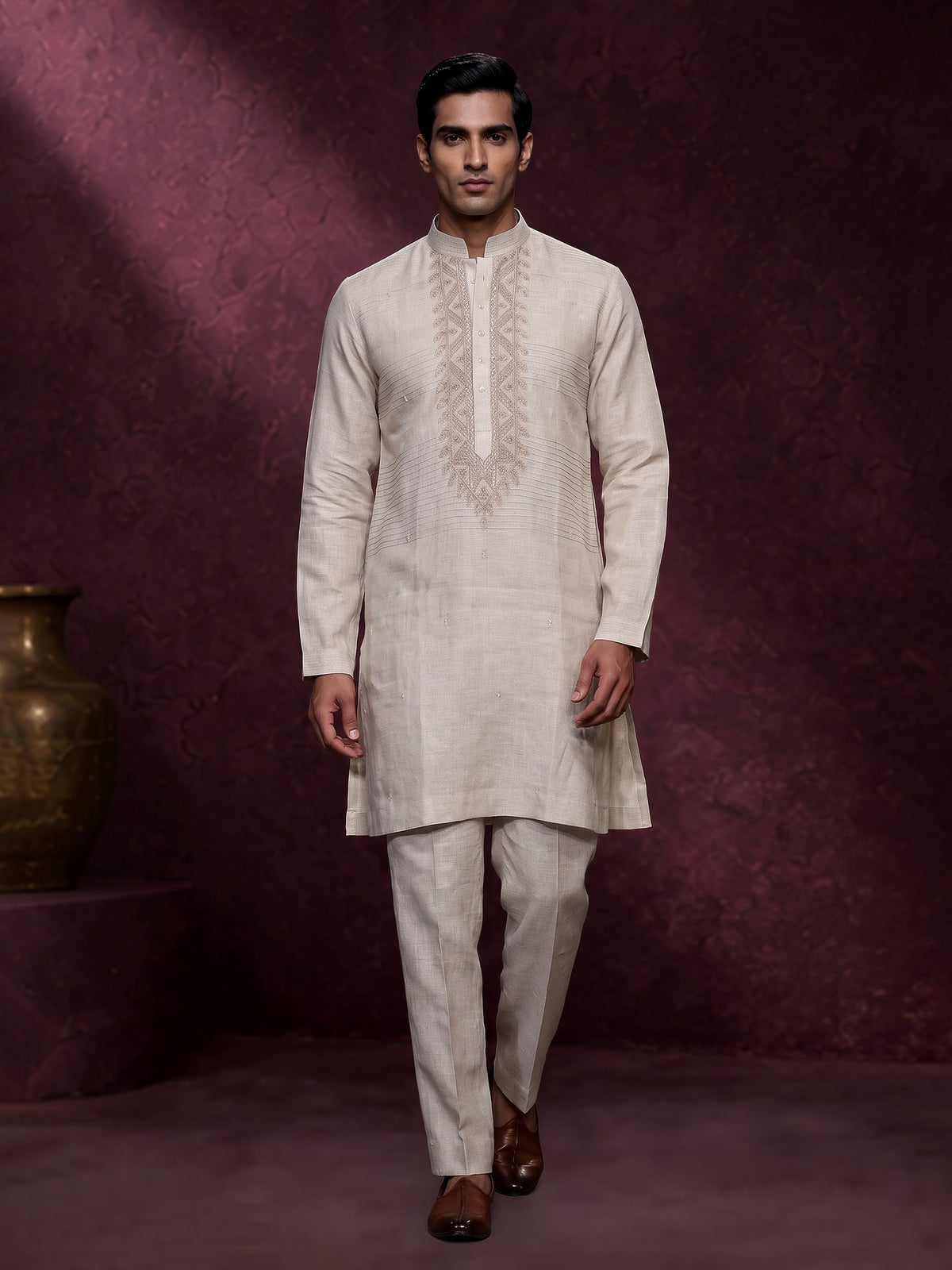 Fawn beige linen kurta suit with geometric chevron embroidered detailing