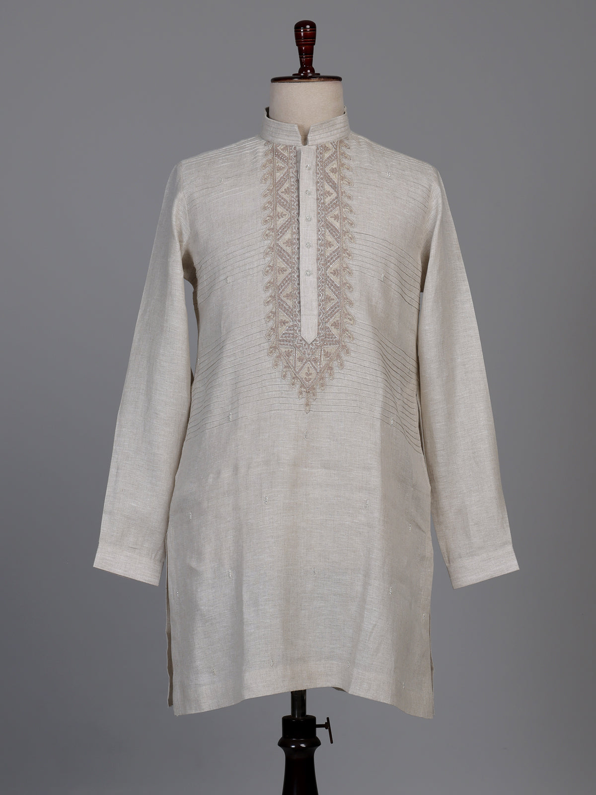 Fawn beige linen kurta suit with geometric chevron embroidered detailing