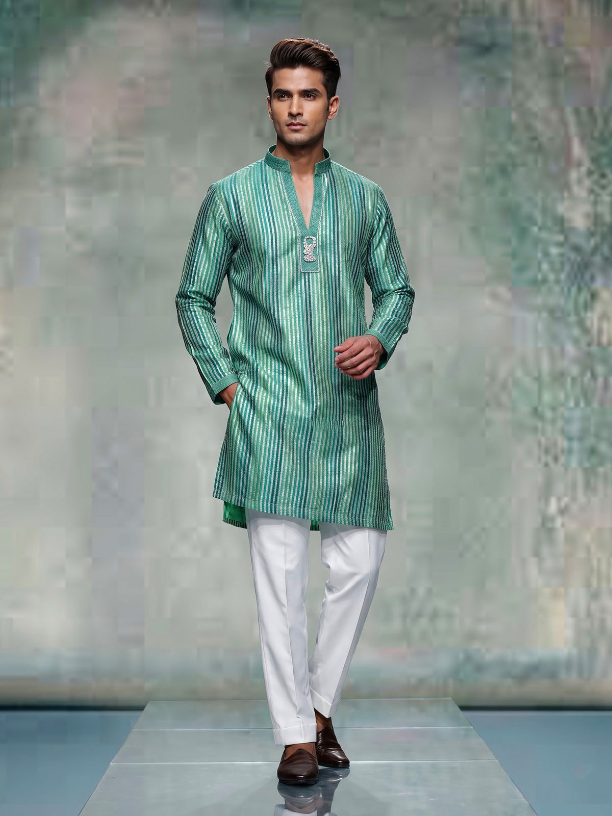 Emerald green kurta suit with shimmering silver gota patti stripes
