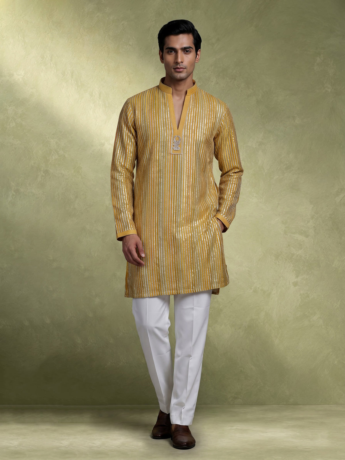 Marigold yellow kurta suit with silver gota patti pinstripes