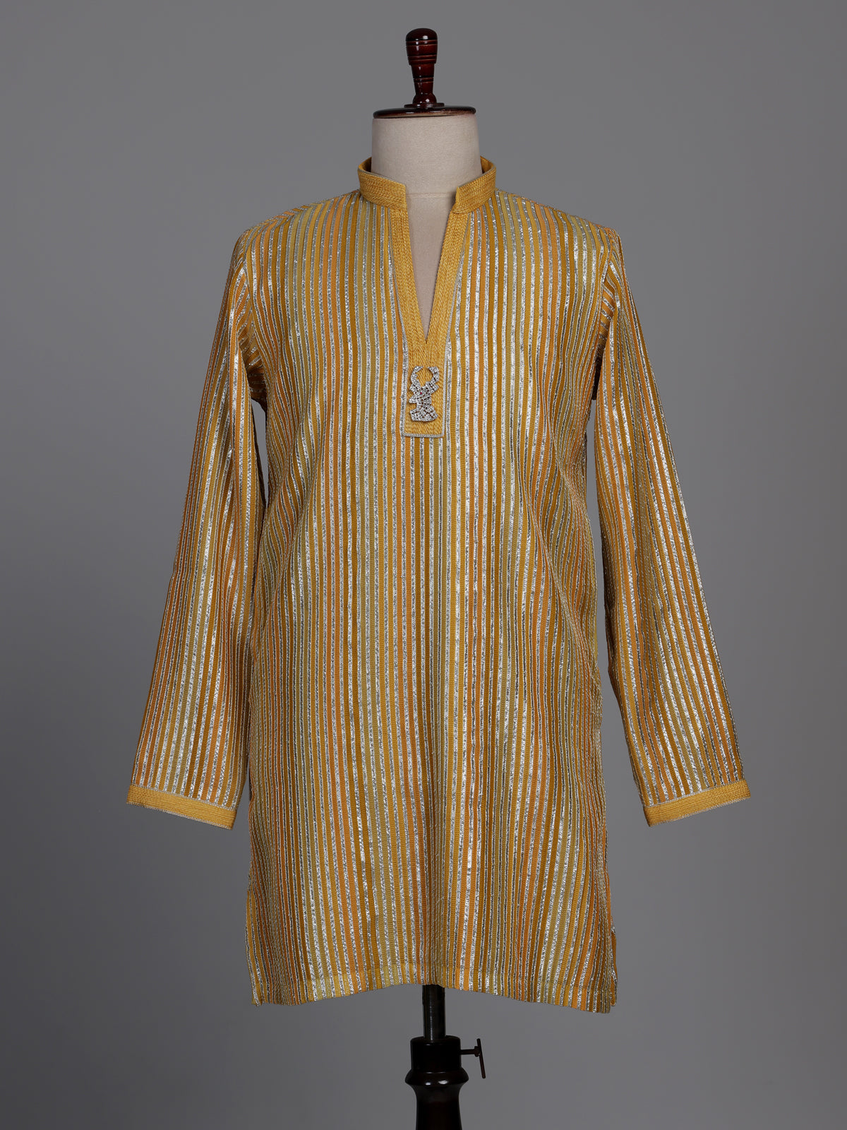 Marigold yellow kurta suit with silver gota patti pinstripes