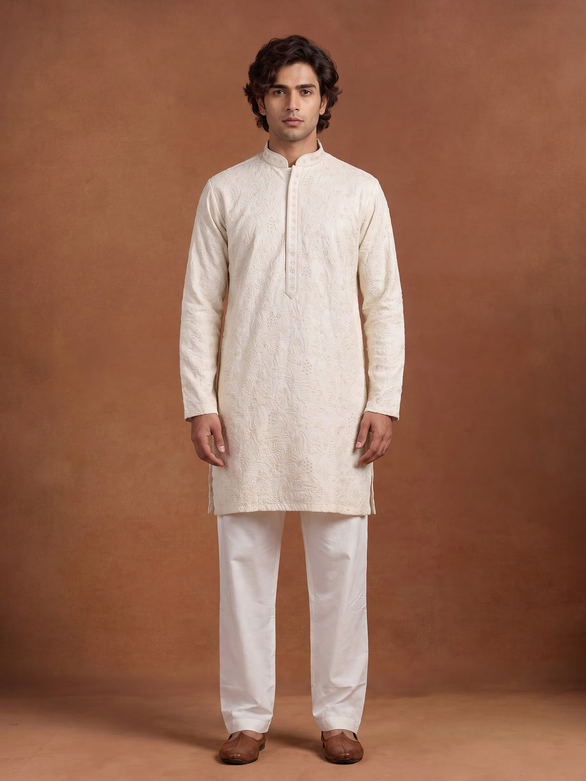 Ivory white lucknowi embroidered kurta suit with subtle bead work
