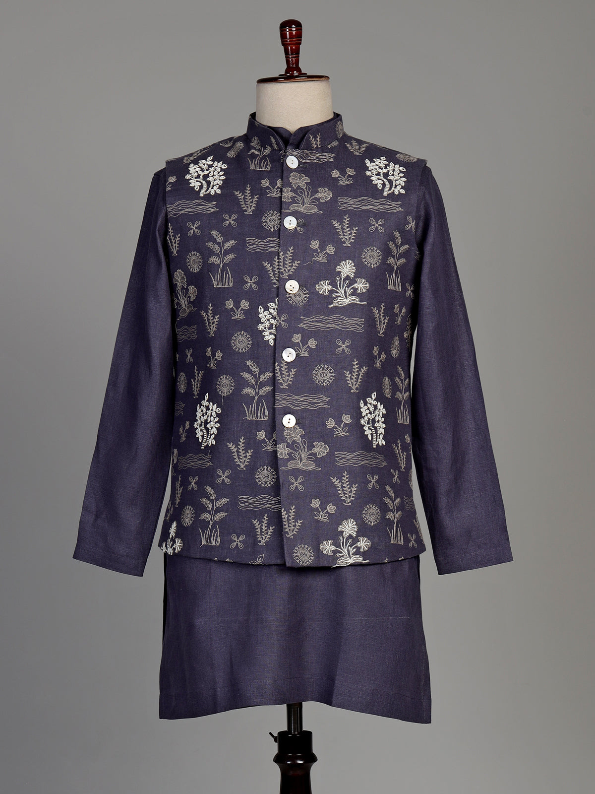 Lavender purple linen waistcoat set with floral embroidery