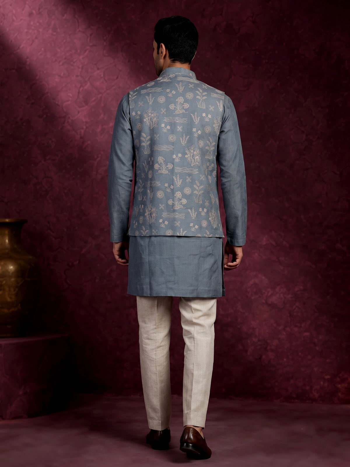 Stone grey cotton silk waistcoat set with botanical embroidery