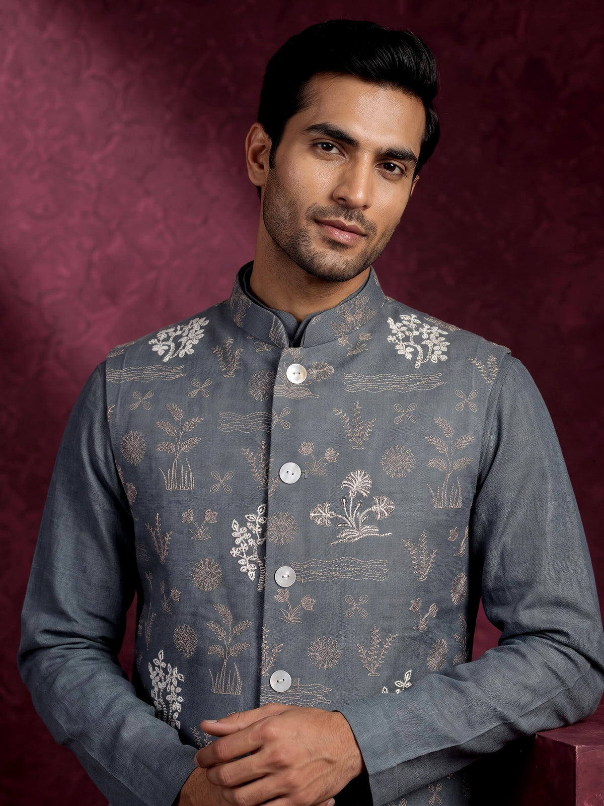 Stone grey cotton silk waistcoat set with botanical embroidery