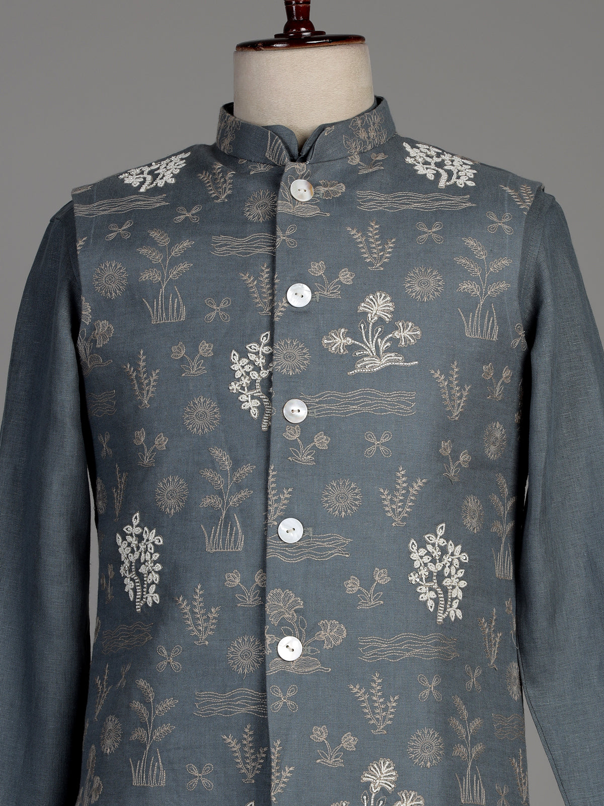 Stone grey cotton silk waistcoat set with botanical embroidery