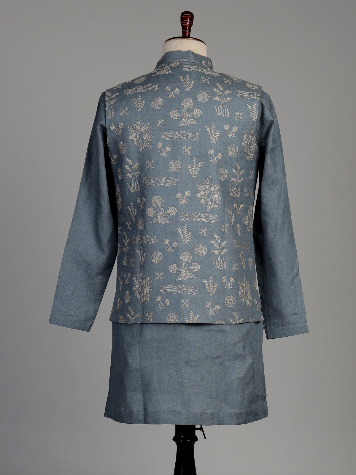 Stone grey cotton silk waistcoat set with botanical embroidery