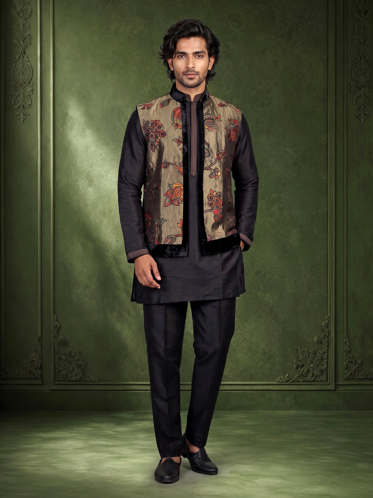 Black raw silk waistcoat set with antique gold floral brocade