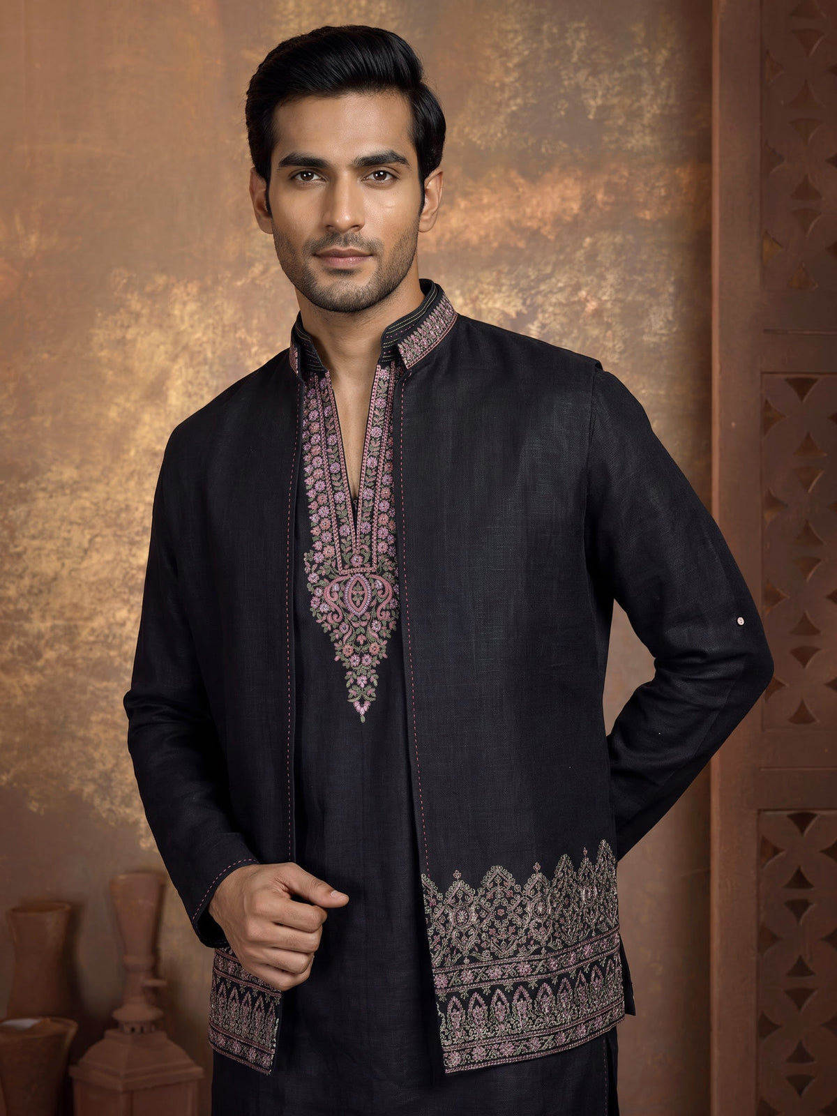 Charcoal black silk blend waistcoat set with embroidered jacket