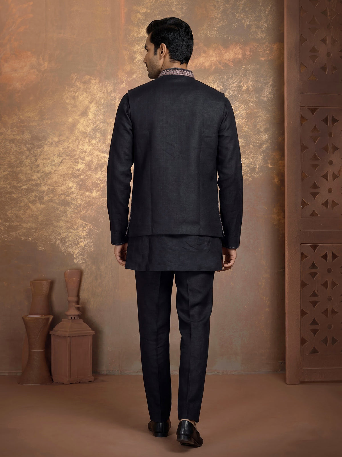 Charcoal black silk blend waistcoat set with embroidered jacket
