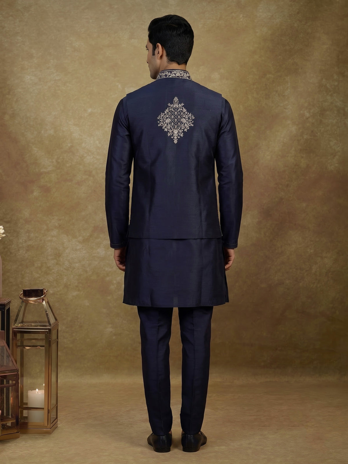 Navy blue silk waistcoat set with intricate floral embroidery