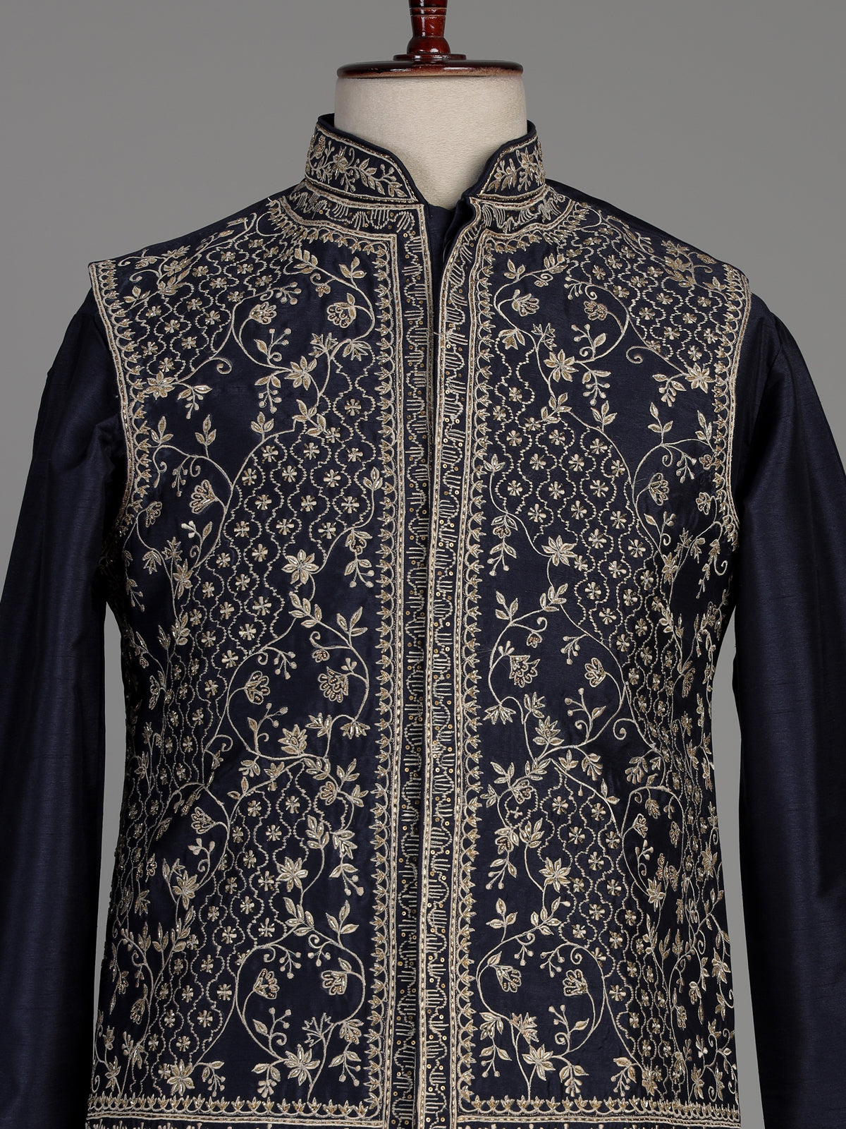 Navy blue silk waistcoat set with intricate floral embroidery