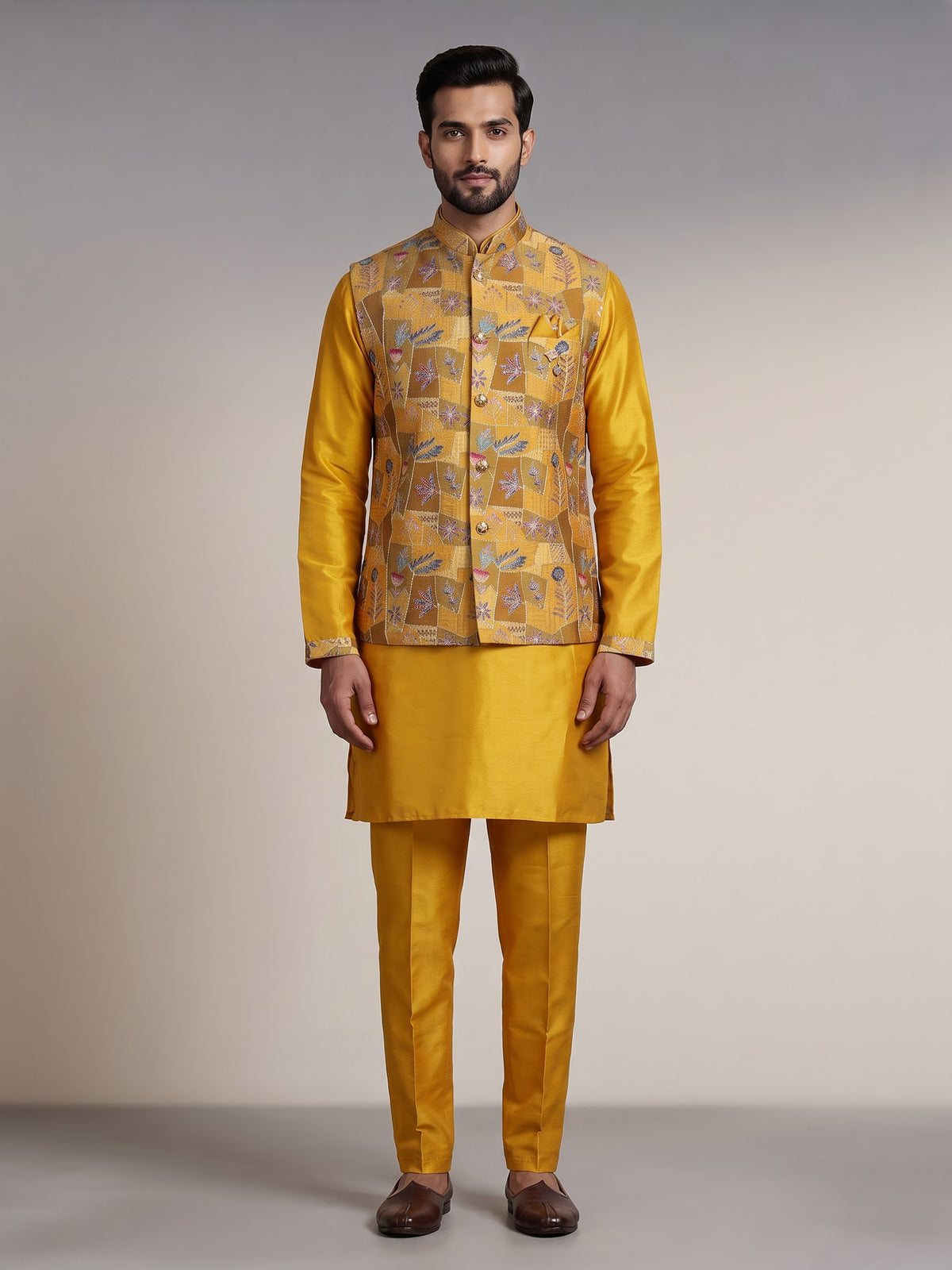 Mustard yellow silk waistcoat set with resham and sequin detailing