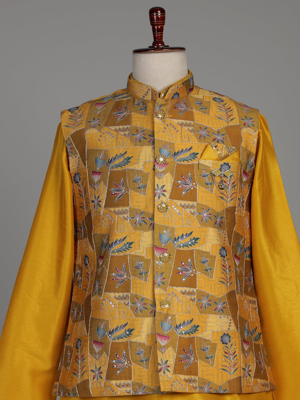 Mustard yellow silk waistcoat set with resham and sequin detailing