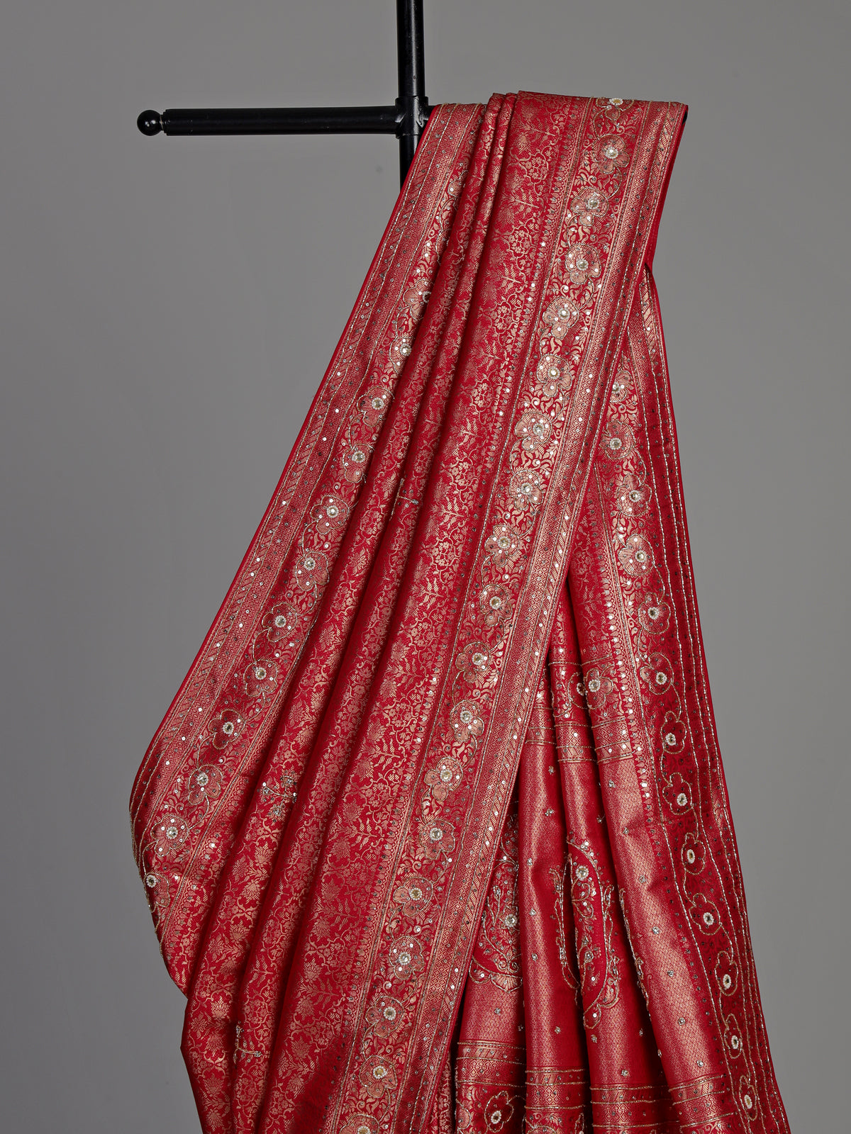 Rani pink kanjivaram silk saree with intricate sequins and mirror detailing