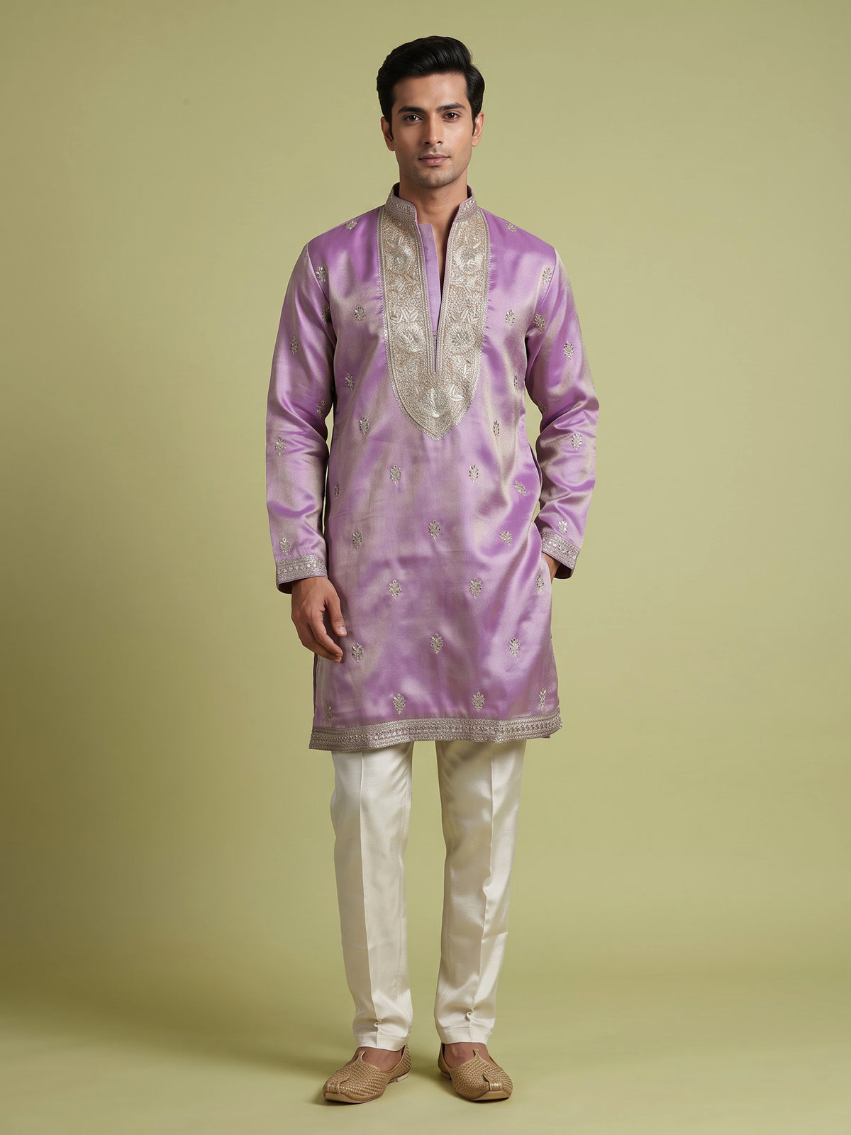 Pastel lilac silk blend kurta set with embroidered yoke detailing