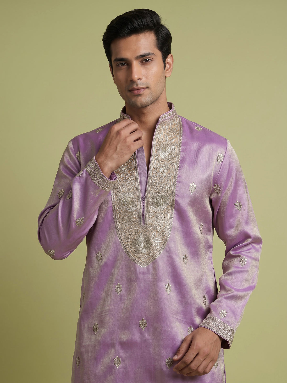Pastel lilac silk blend kurta set with embroidered yoke detailing