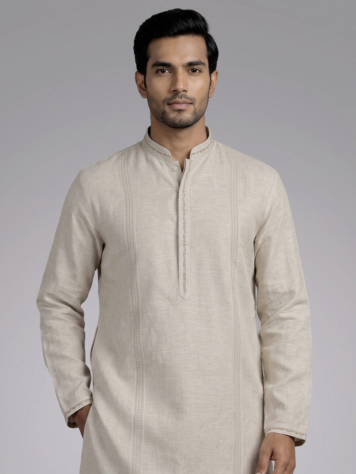 Beige cotton linen kurta set with tonal panels and stonework