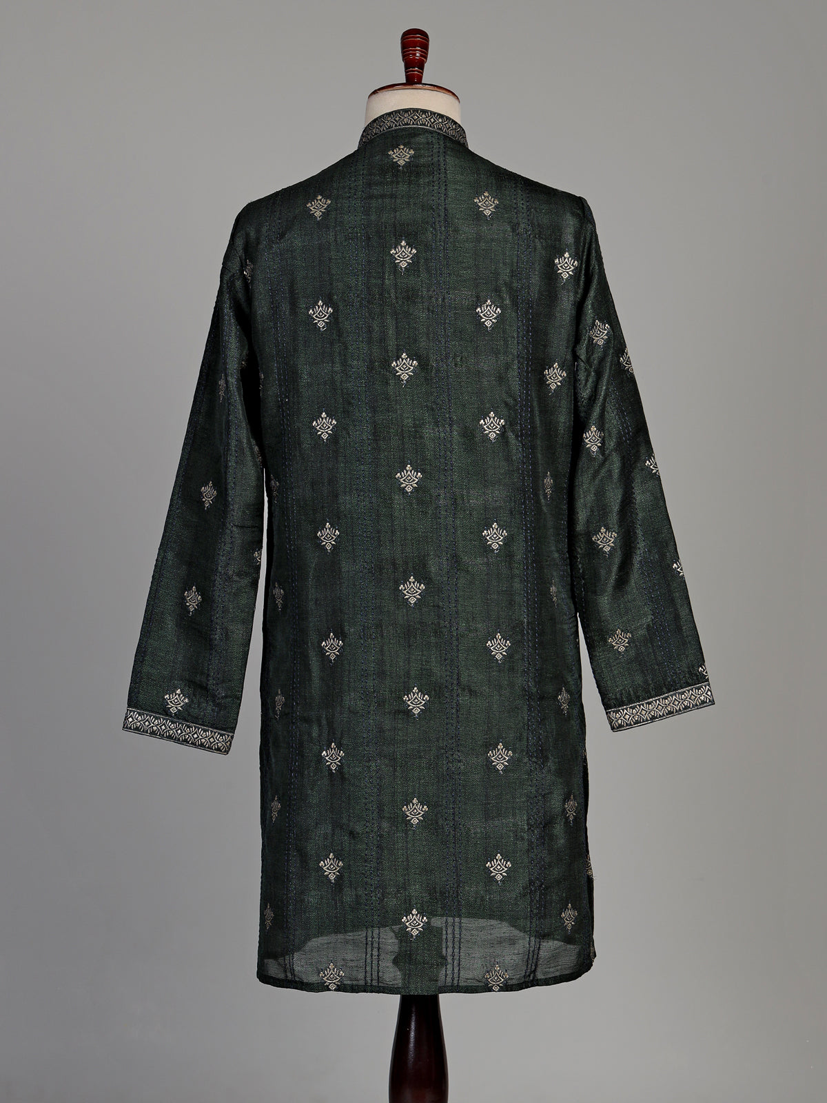 Forest green silk blend kurta set with antique silver detailing
