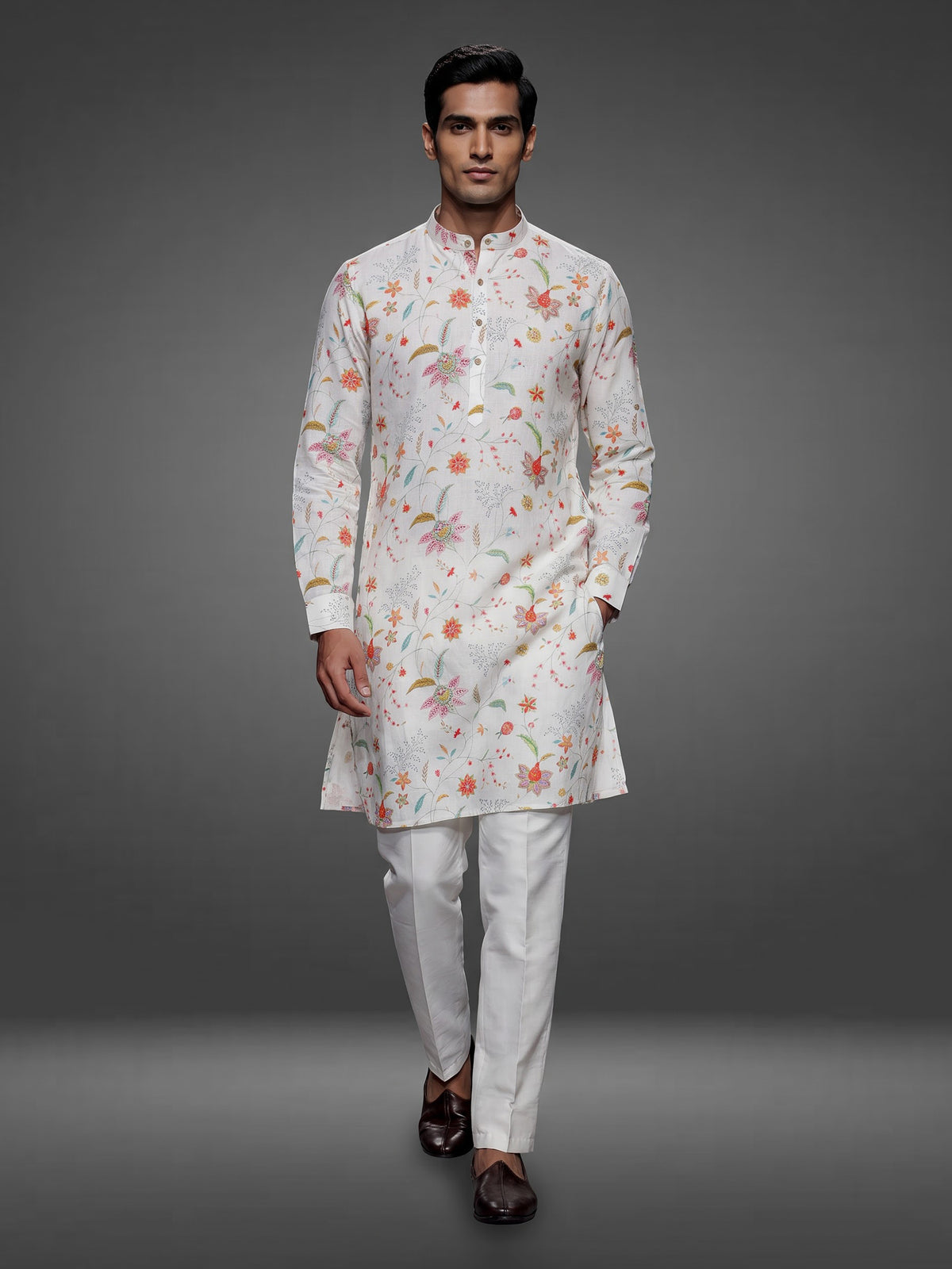 White cotton blend kurta set with multicolour floral prints