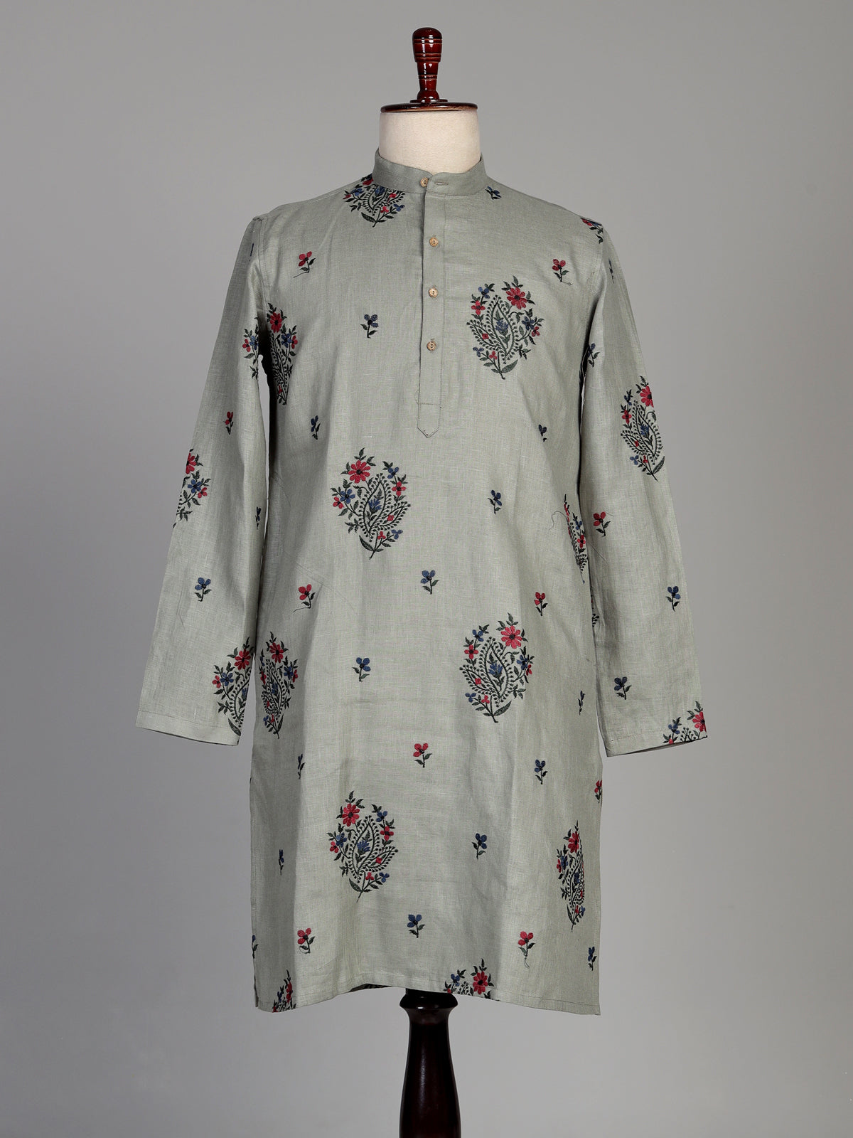 Sage green cotton linen kurta set with floral paisley embroidery