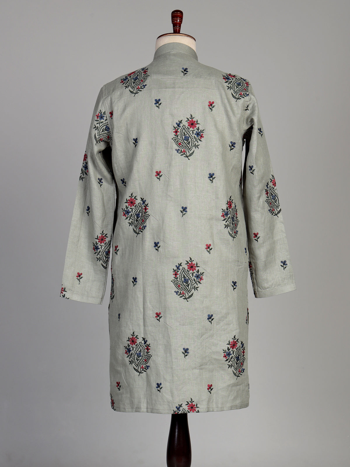 Sage green cotton linen kurta set with floral paisley embroidery