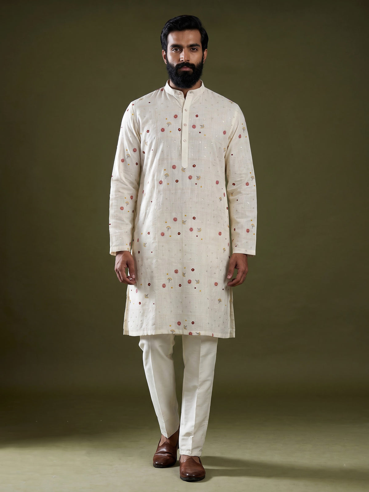 Cream cotton silk kurta set with chikankari floral embroidery