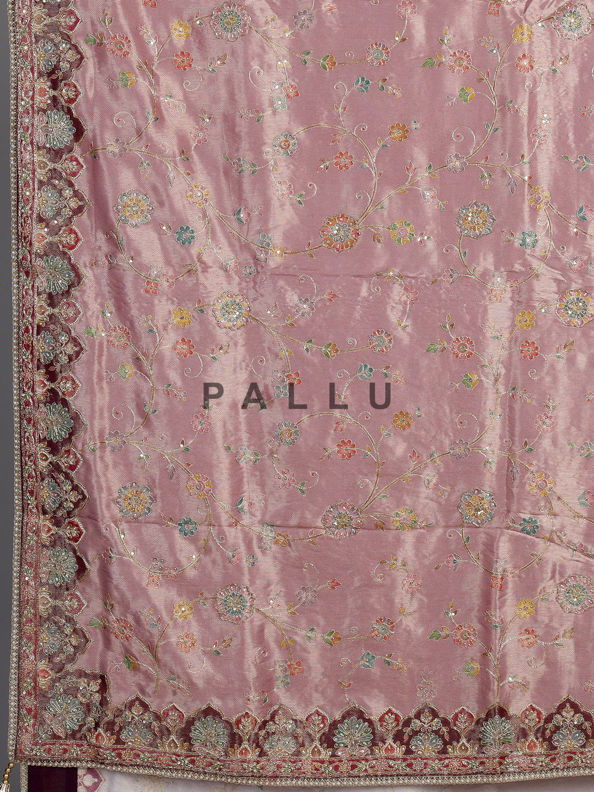 Lavender purple pashmina saree with floral embroidery and pearl detailing