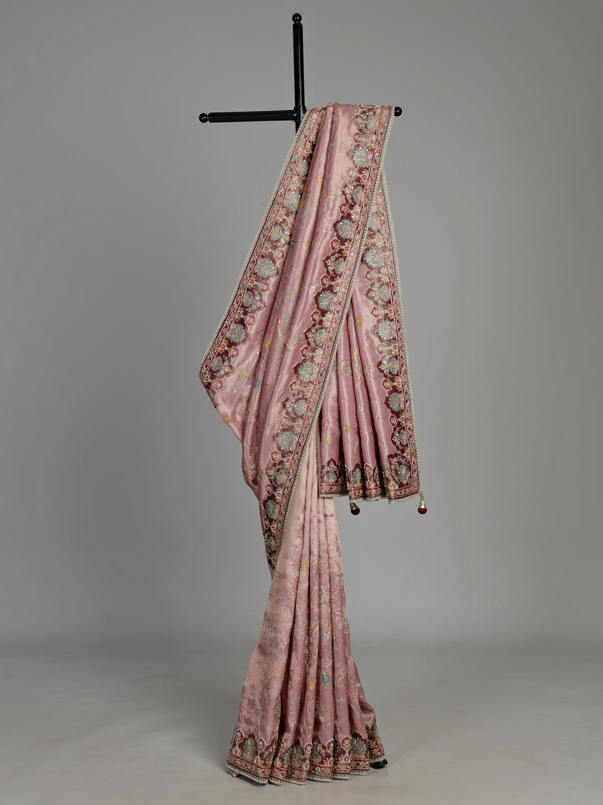 Lavender purple pashmina saree with floral embroidery and pearl detailing