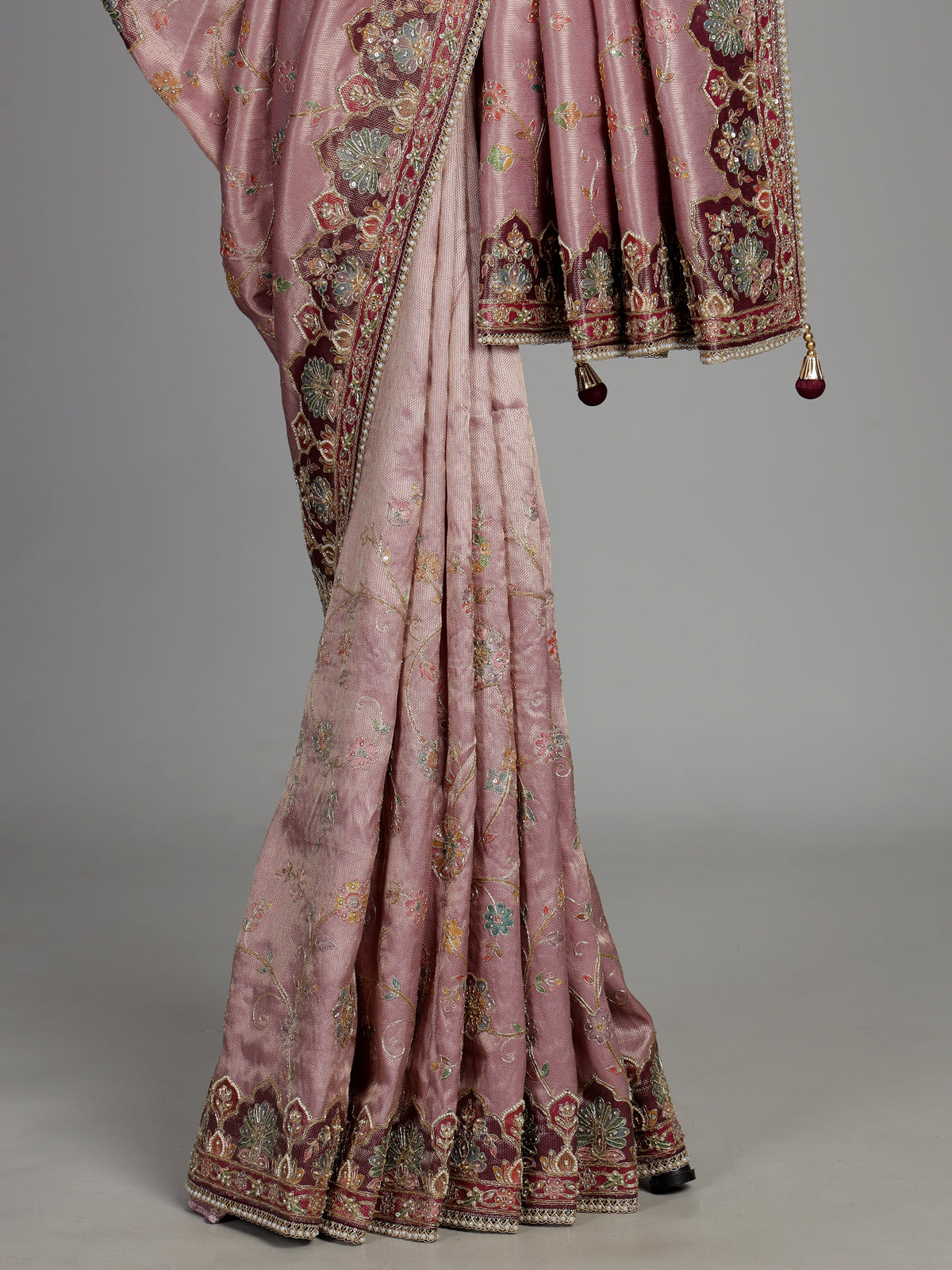 Lavender purple pashmina saree with floral embroidery and pearl detailing