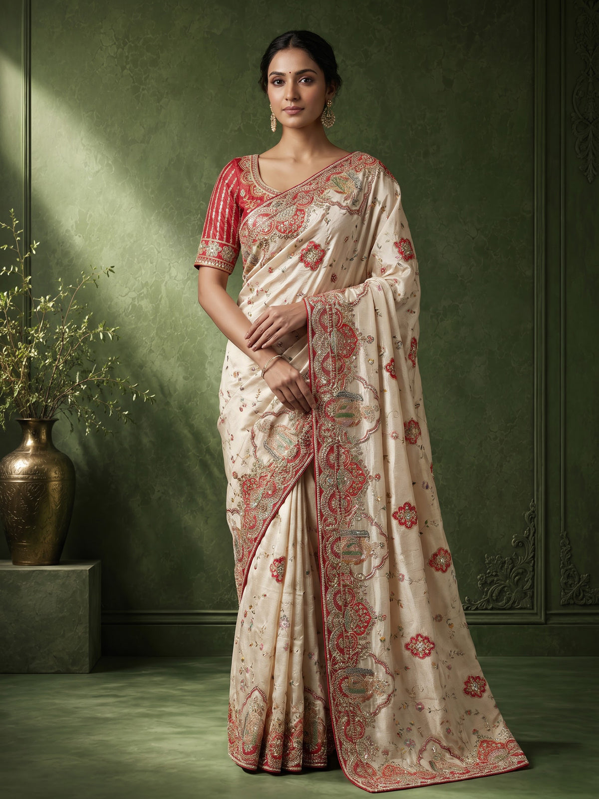 Cream pashmina saree with floral embroidery and contrasting zari pallu