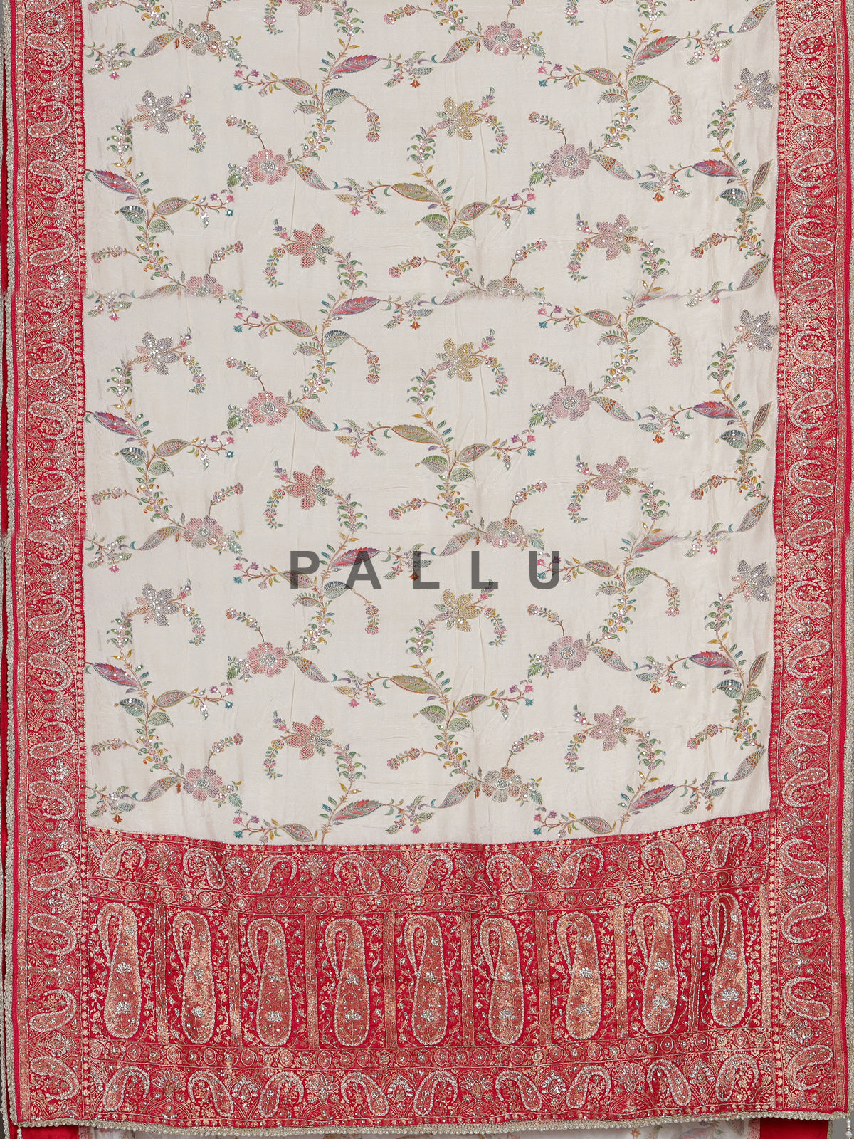Cream pashmina saree with floral embroidery and diamond embellishments