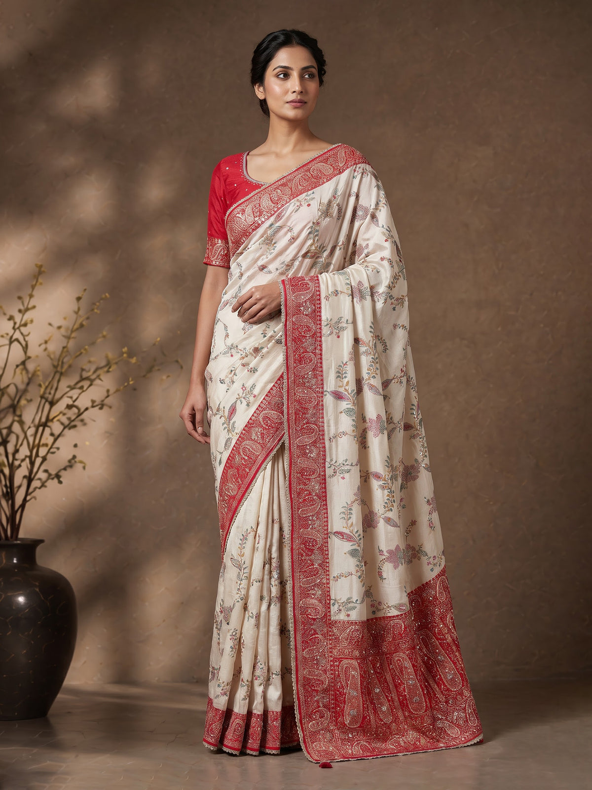 Cream pashmina saree with floral embroidery and diamond embellishments