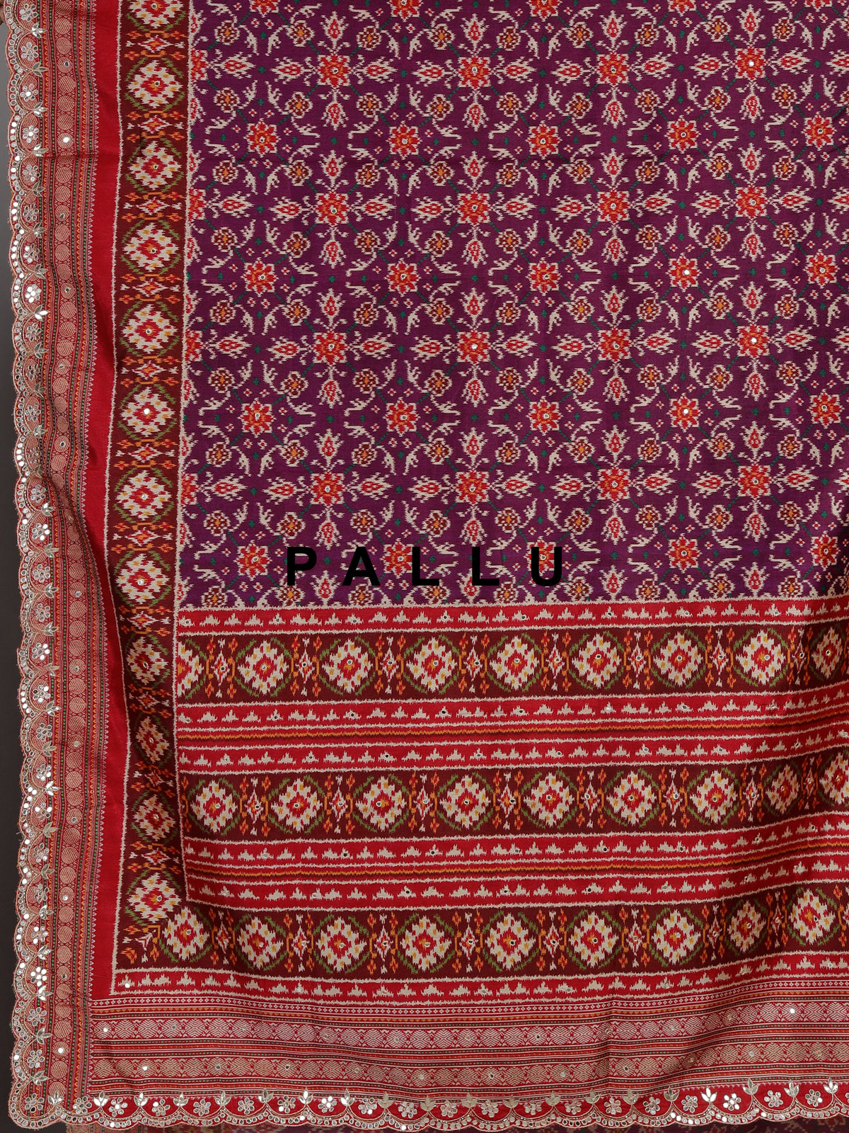Purple semi patola silk saree with Patola print and contrasting embellished pallu