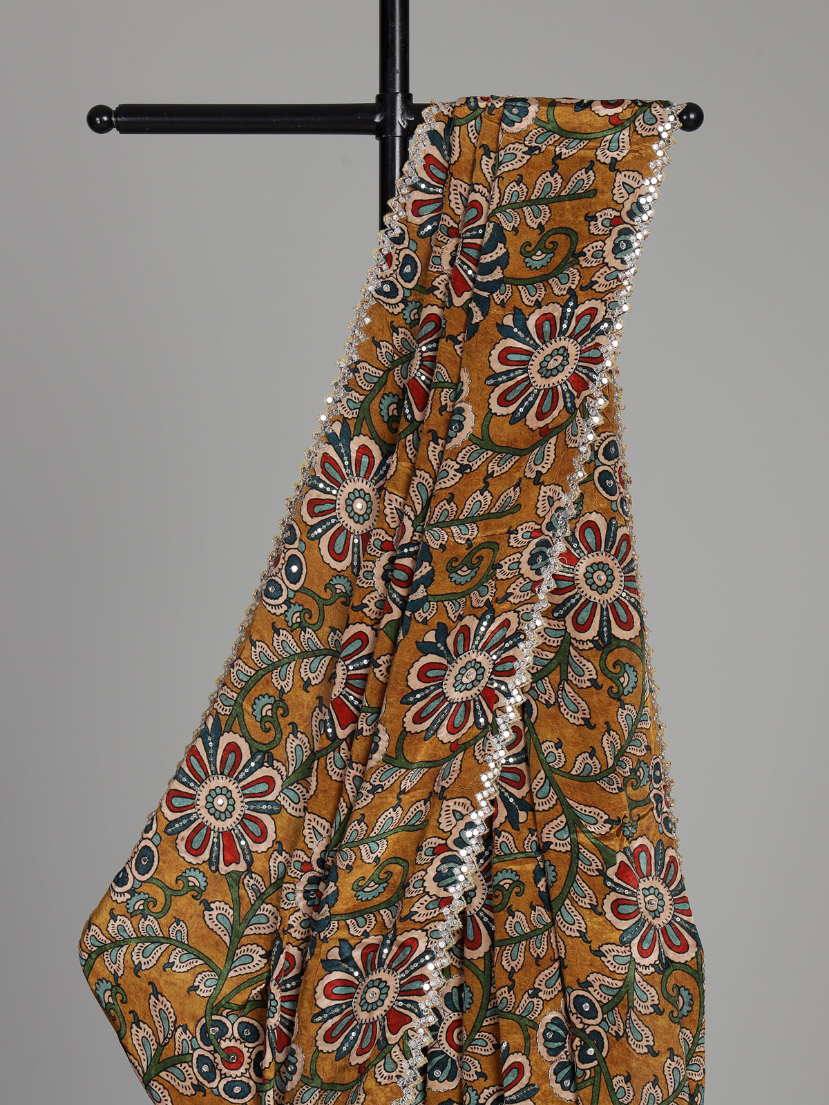 Mehendi yellow crepe silk saree with floral prints and shimmering sequins