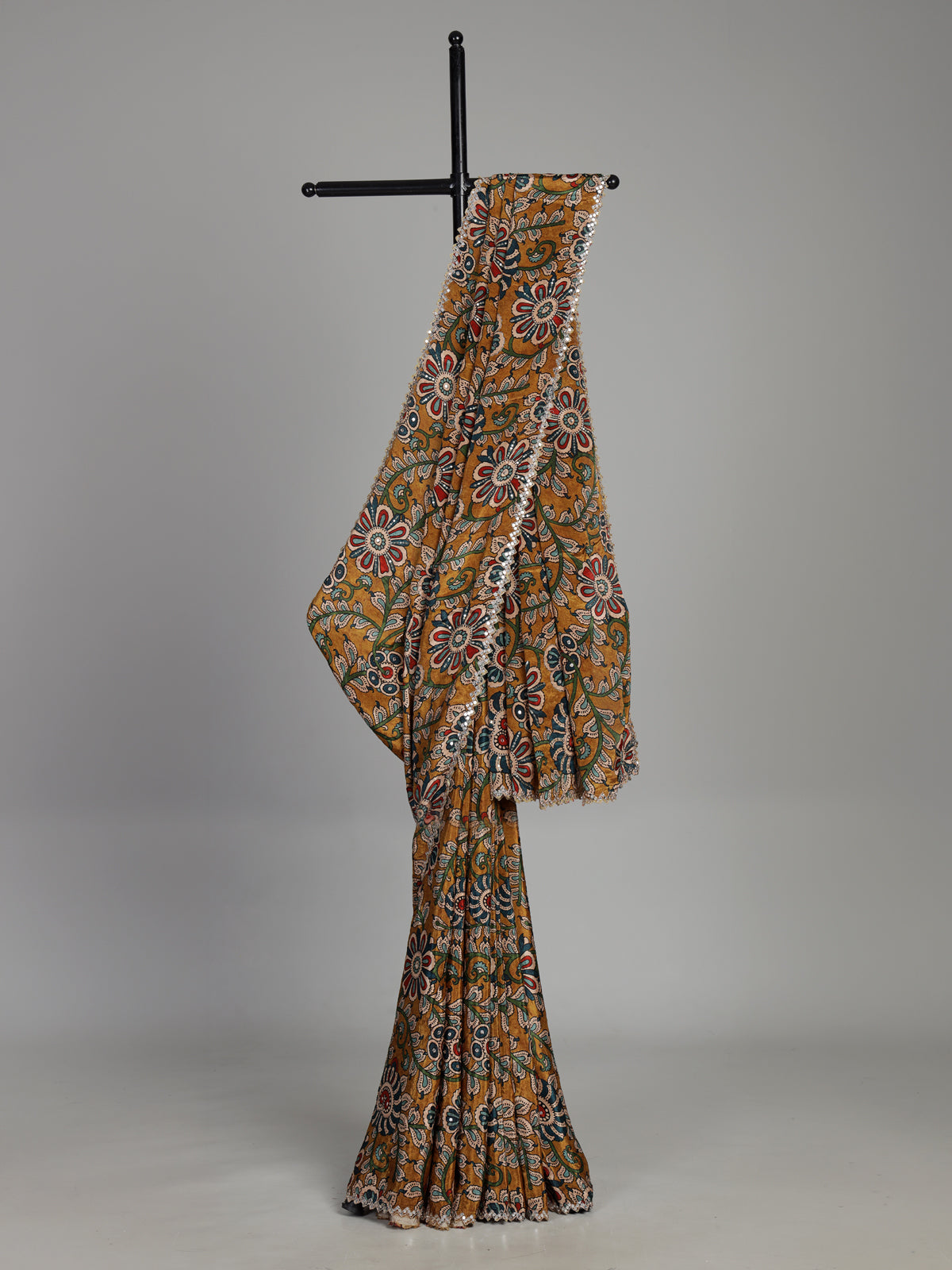 Mehendi yellow crepe silk saree with floral prints and shimmering sequins