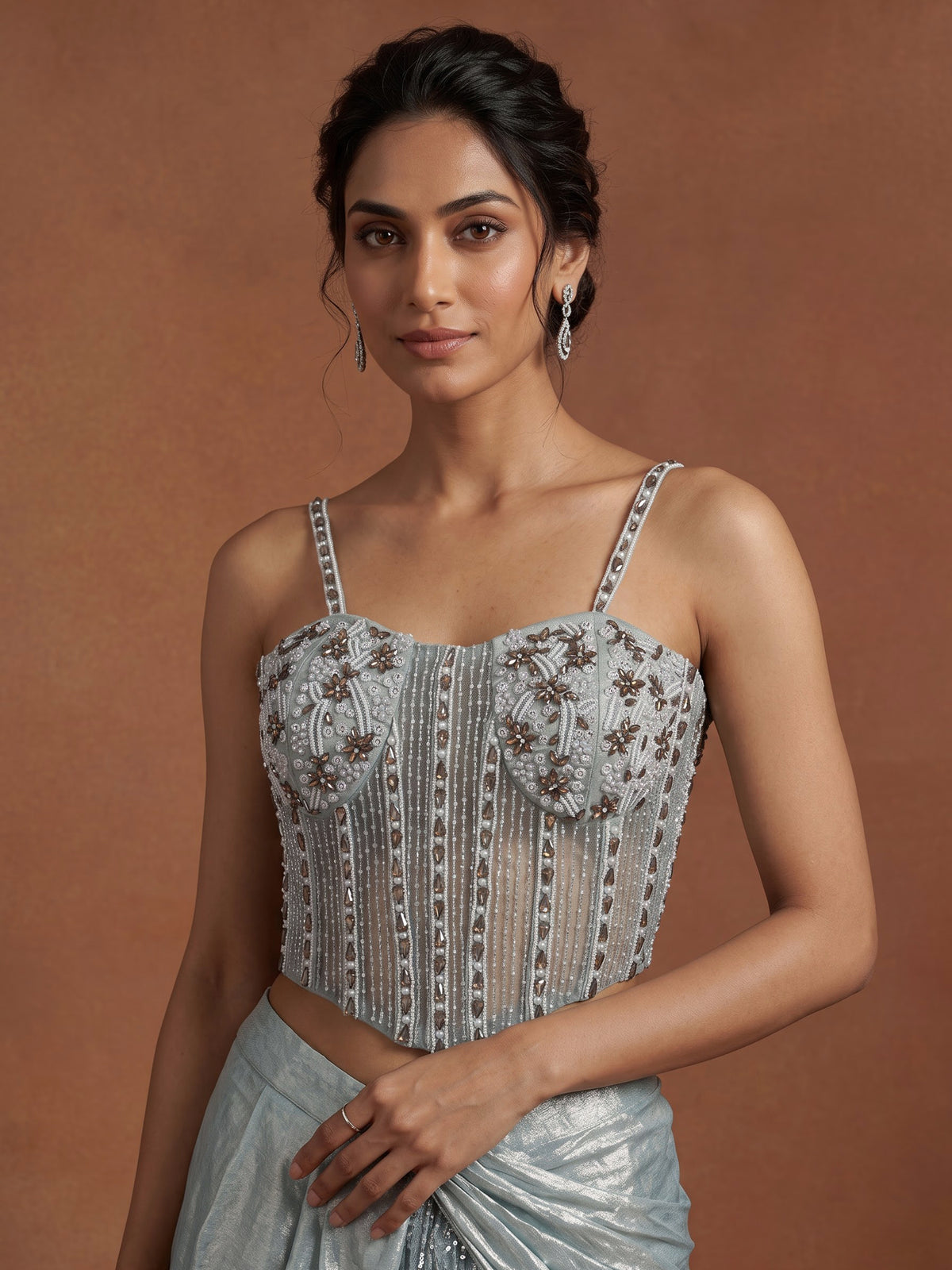 Mint blue metallic lurex georgette ready to wear saree