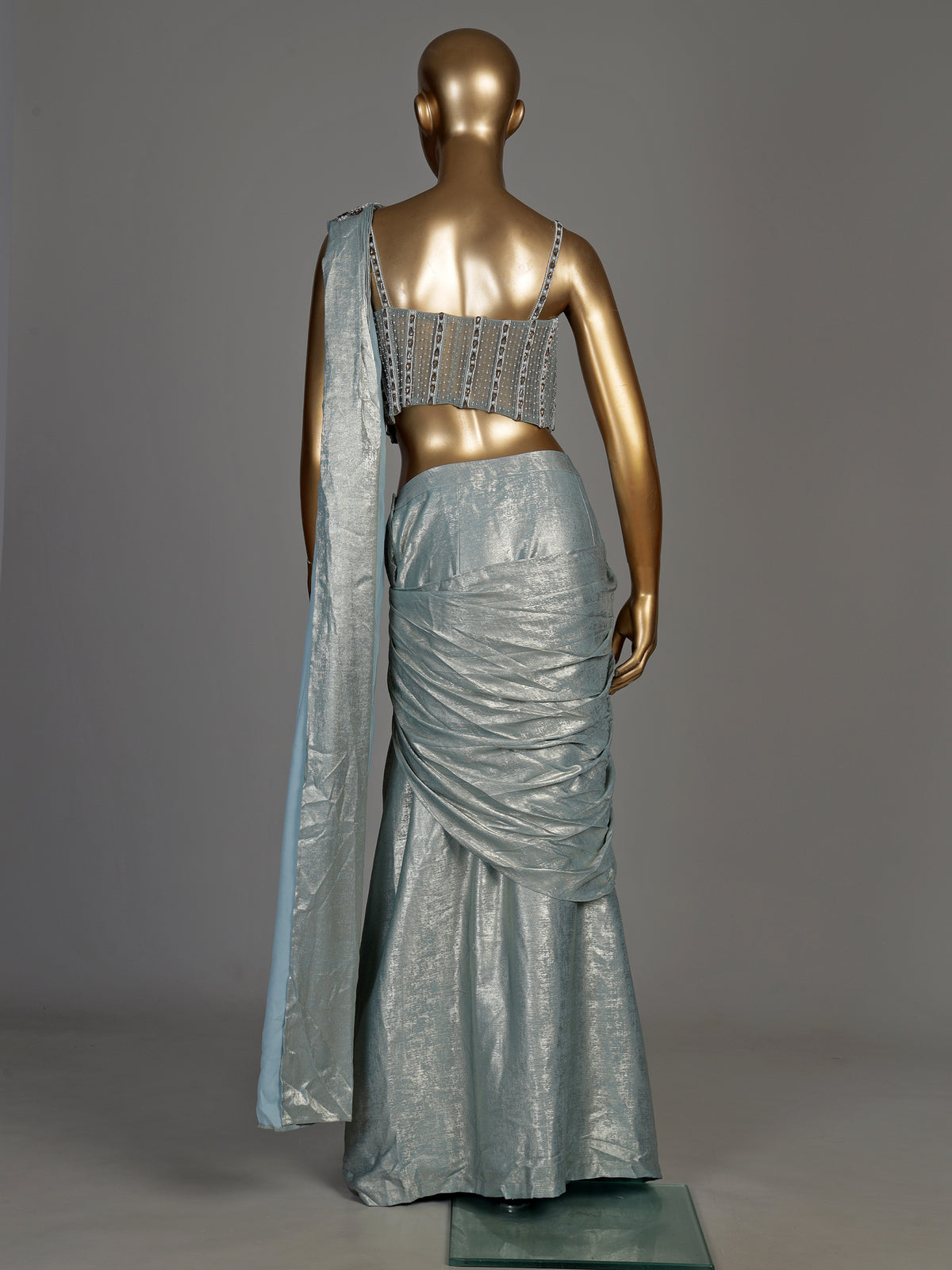 Mint blue metallic lurex georgette ready to wear saree