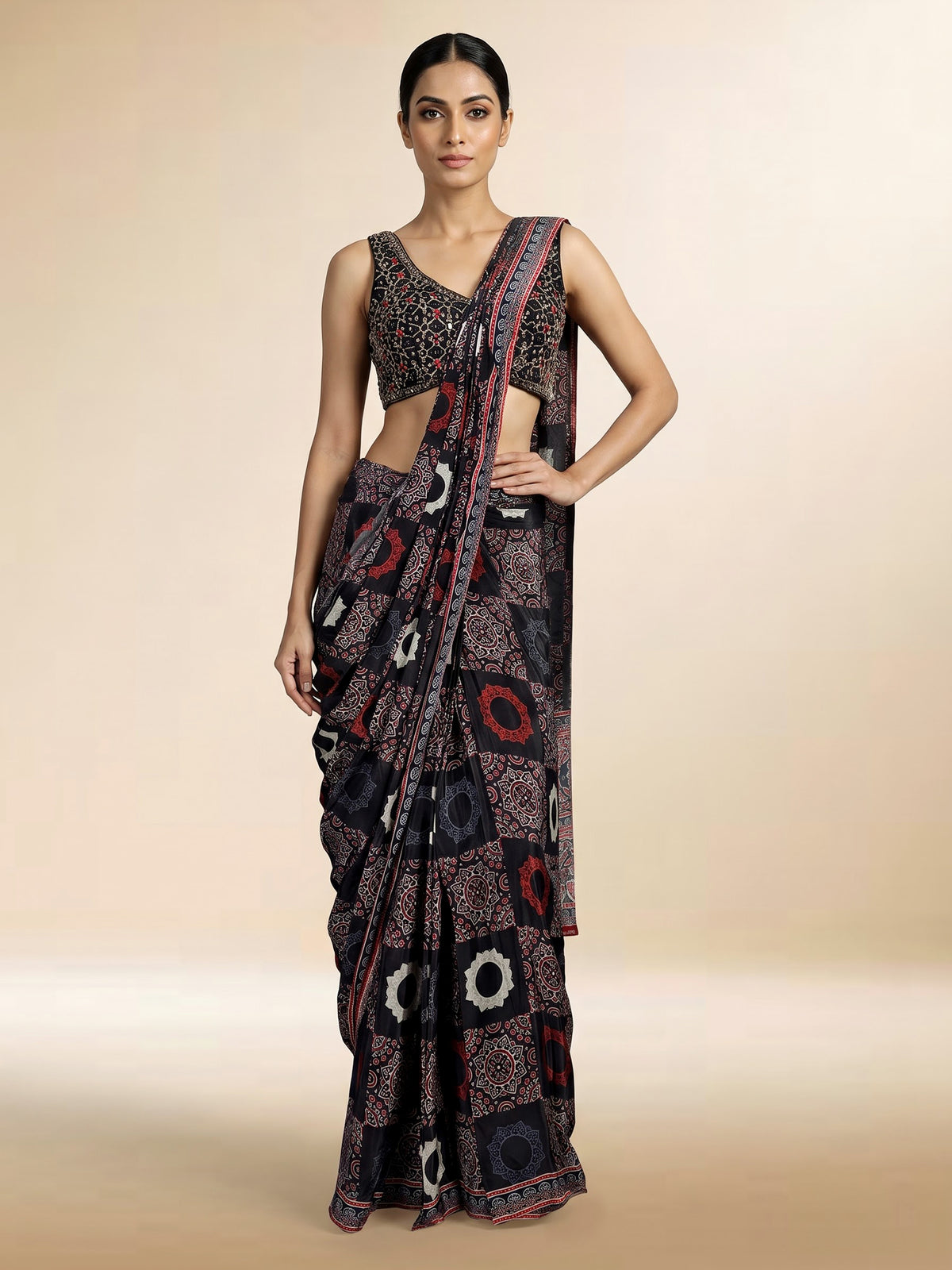 Black modal silk ready-to-wear saree with embellished blouse