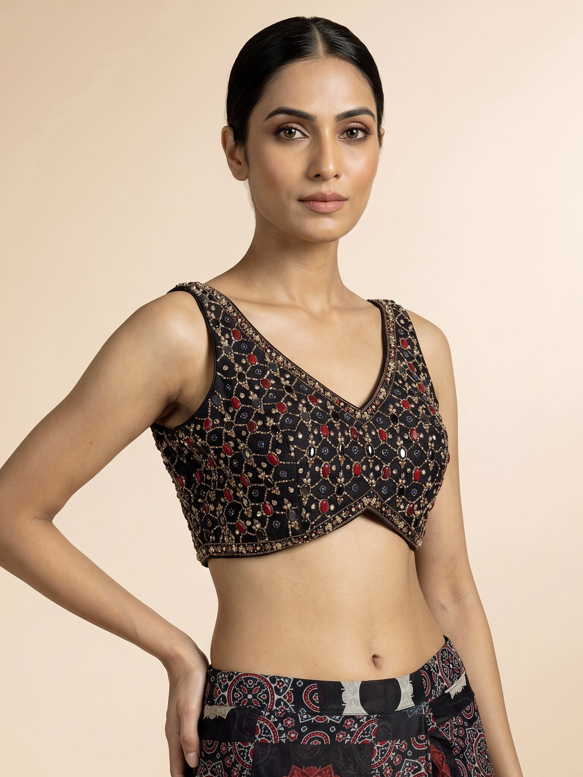 Black modal silk ready-to-wear saree with embellished blouse