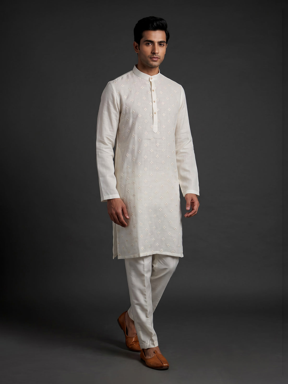 Cream cotton linen kurta suit with floral Chikankari embroidery for mens
